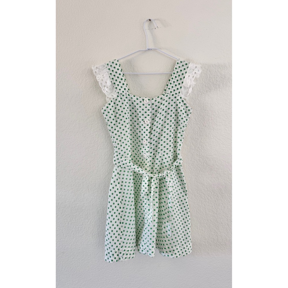 Vintage Polka Dot Seersucker Dress Women Small Green White Eyelet Lace Button Up